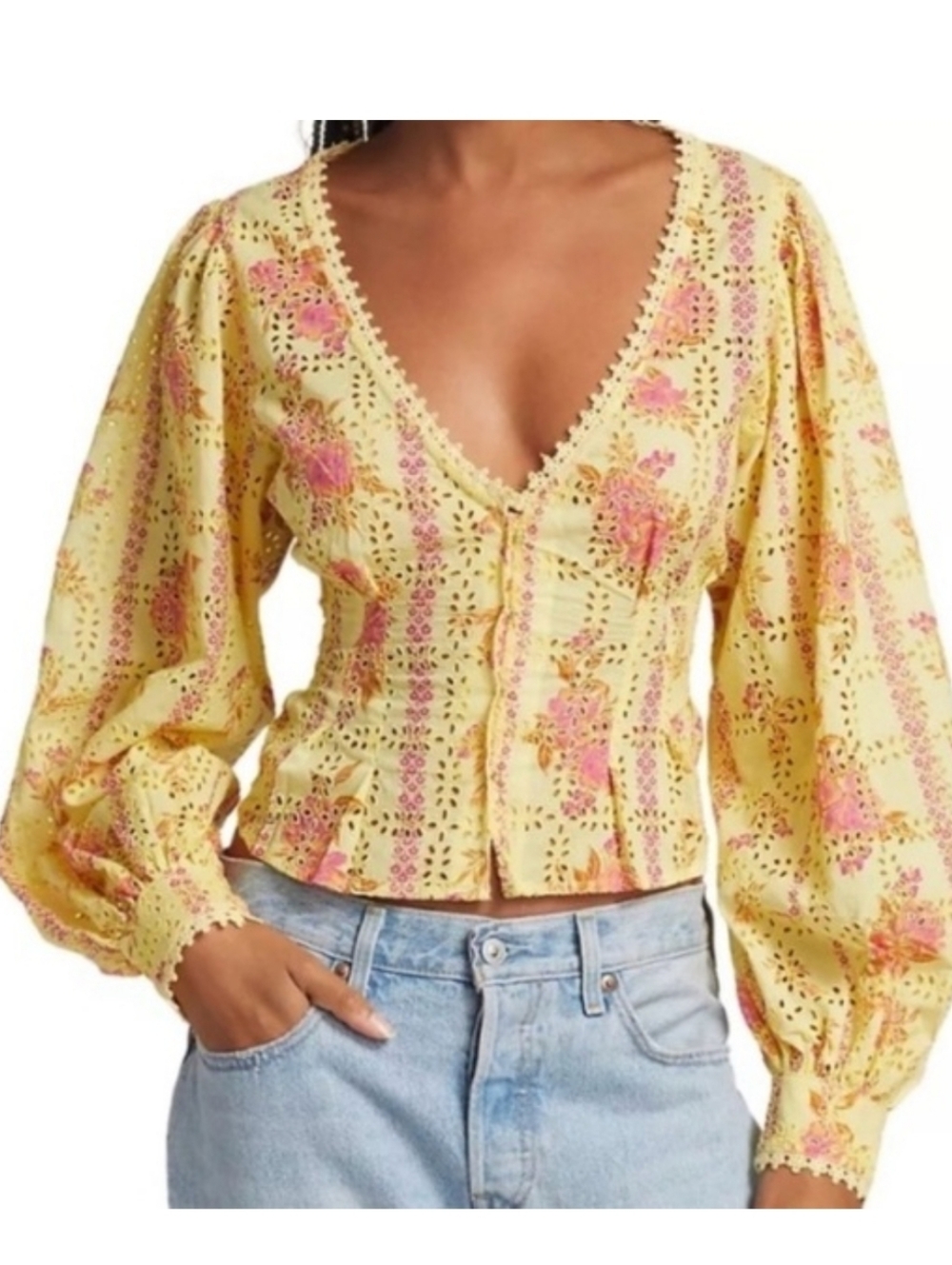 Free People Blossom Eyelet Top In Summer Lemonade Size Small